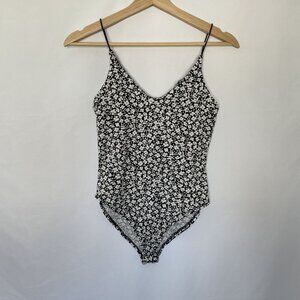 Black & White Floral Print Bodysuit With Spaghetti Straps By Gaze XS Size Polyes